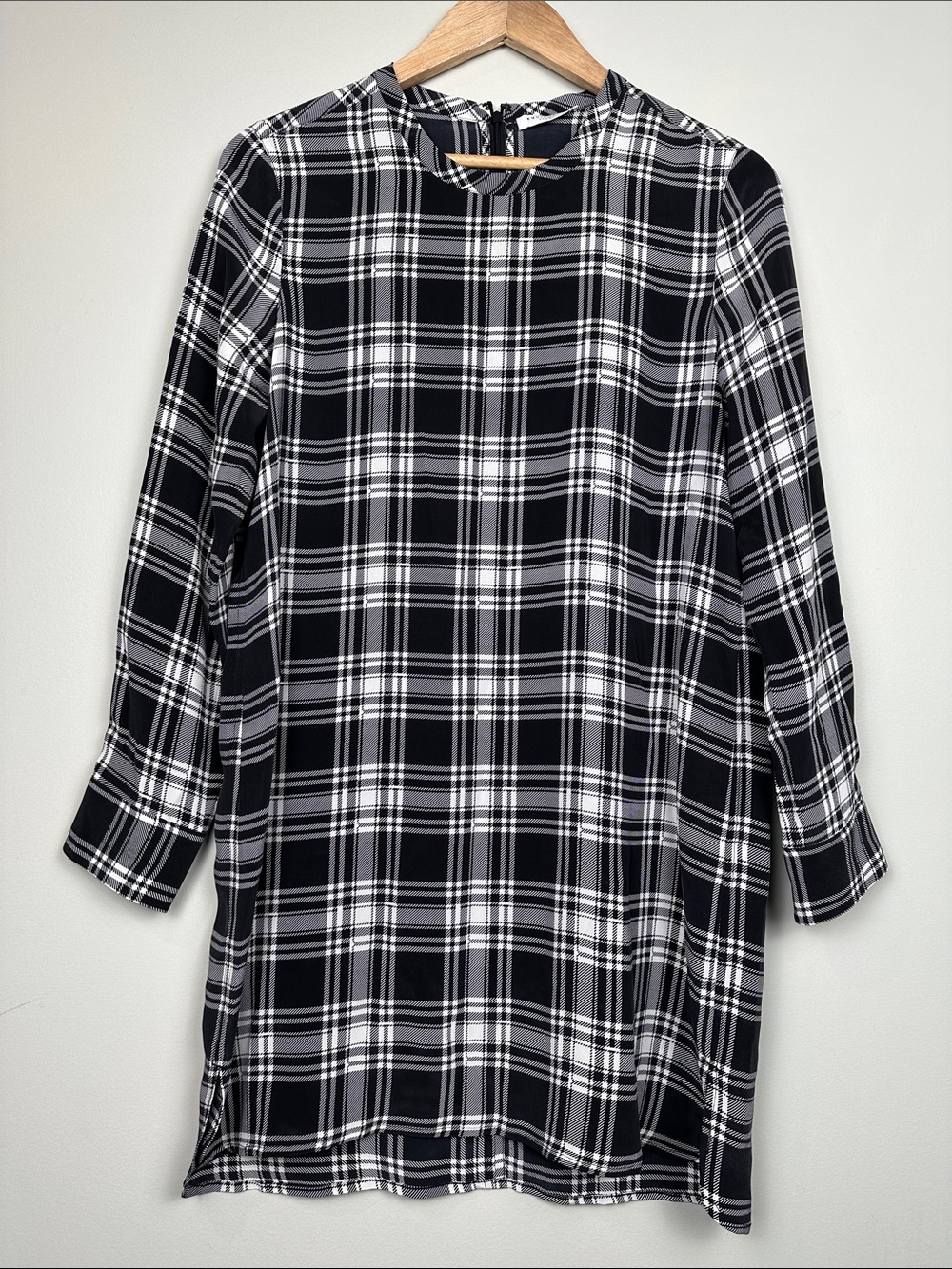 Equipment Silk Dress Long Sleeved Black & White Plaid mini minimalist luxury